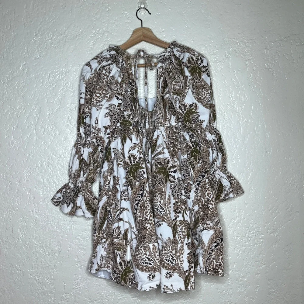 Anthropologie Pilcro Square-Neck Corduroy Babydoll Mini Dress‎ Brown Paisley XS